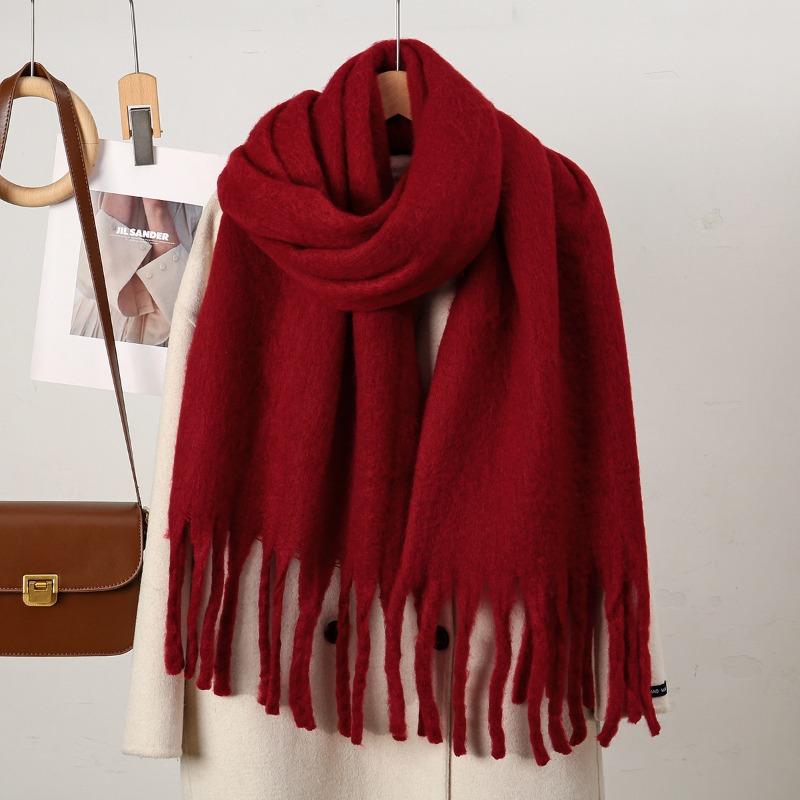 Mohair scarf solid color versatile winter warm extended fringed scarf men's and women's thick beard scarf