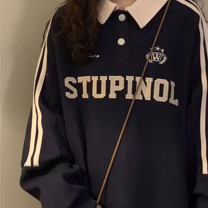 

Женский свитшот в американском ретро стиле с воротником поло - Свободный крой, Модный корейский стиль для осени и весны M (up to 100 lbs) темно-синий