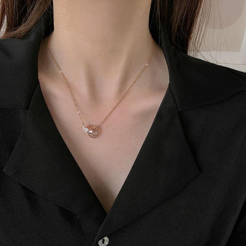 Titanium Steel Roman Numerals Double Ring Pendant Choker Necklace with Rhinestones for Women Fashion Jewelry
