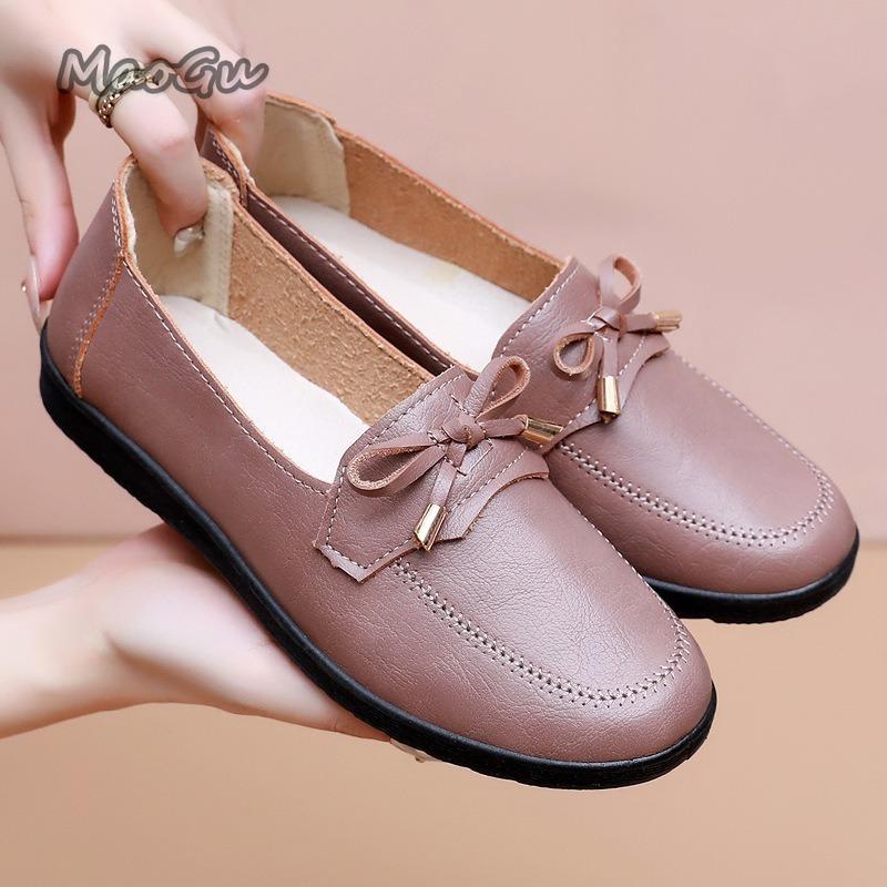 Fashion Spring Autumn Bow Mom's Flat Loafers Soft Sole PU Leather Shoes for Women Slip on Comfortable Casual Shoes Grandma Gift Loafers