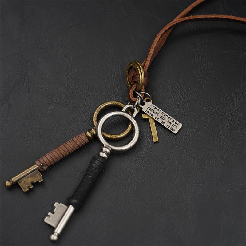 

Винтажное ожерелье из коровьей кожи, ювелирные изделия, мужское ожерелье, длинное ожерелье из сплава с ключом из коровьей кожи