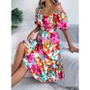 New Women's Floral Print Square Neck Dress, Short Sleeve A-Line Midi Dress with Ruffle Hem & Tie Waist for Spring Summer Casual Party & Daily Wear