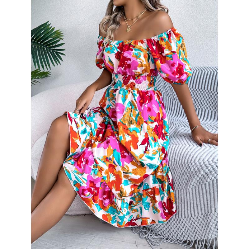 New Women's Floral Print Square Neck Dress, Short Sleeve A-Line Midi Dress with Ruffle Hem & Tie Waist for Spring Summer Casual Party & Daily Wear