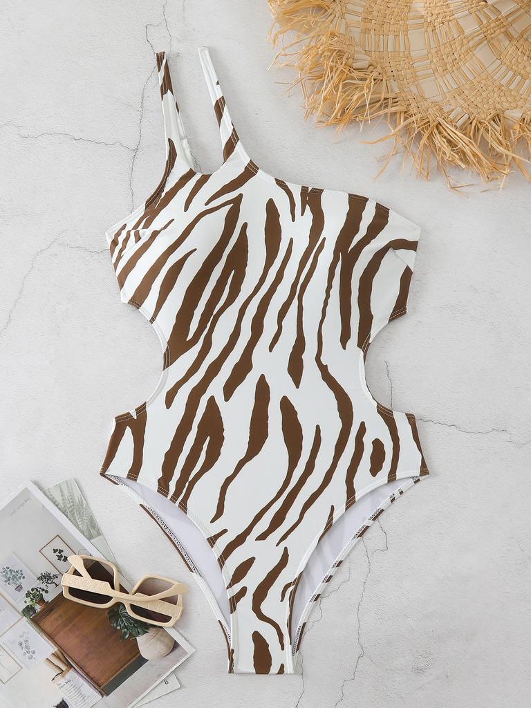 Costume da bagno bikini a righe diagonali con stampa, scollatura sulla schiena, spalline doppie, per la spiaggia