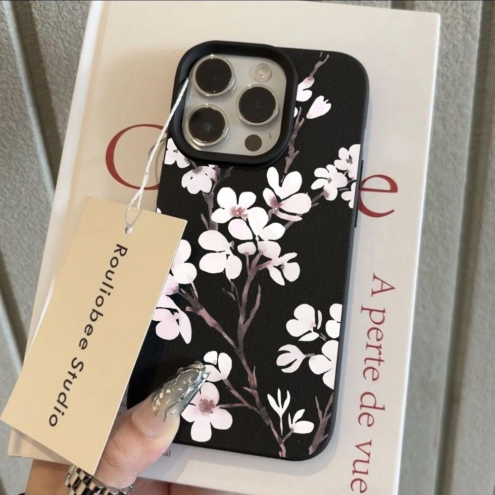 HOT Orchid Plum Blossom Luxury Lichee Leather Pattern Phone Case For iPhone 17 16e 16 15 14 13 12 11 Air Pro Max Plus X XR XSMax