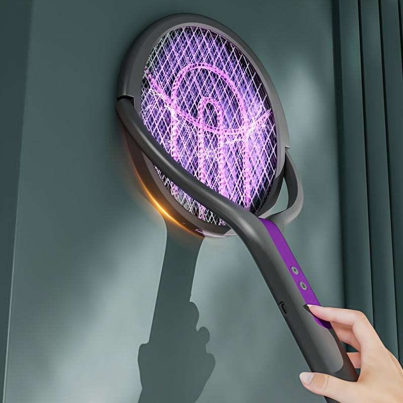 2 In 1 Foldable  Electric Mosquito  Swatter Rechargeable Rotating Head With Purple Light Indoor Outdoor Camping Retractable Pole
