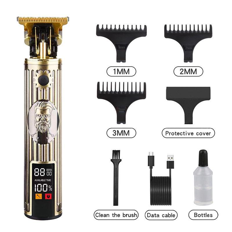 Retro T9 Electric Hair Clipper with LCD Display, USB Charging, Buddha Head Design, Oil Head Styling, and Power Push Technology.