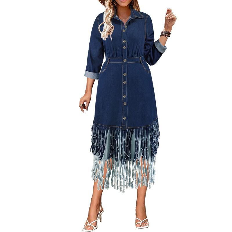 Plus Size Denim Dress With Collar Fringe Detail Long Sleeve Loose Fit Midi Women Streetwear