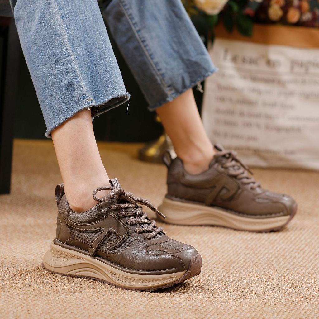 Guangzhou Huigu 2025 Autumn/Winter Women's Retro Thick Sole Cowhide Sports Shoes