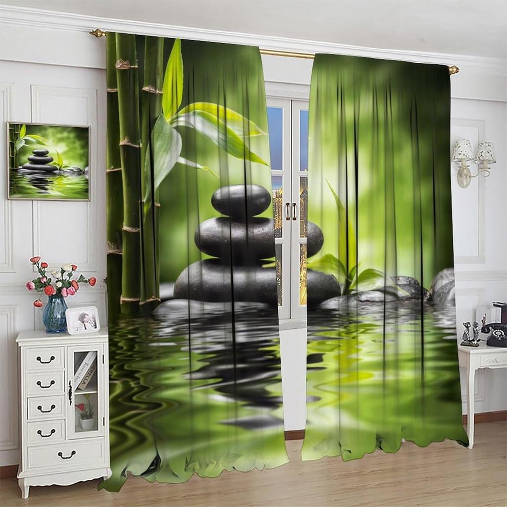 Zen Stone Blackout Curtains   Asian Japanese Green Bamboo Black Zen Stone Relaxing Window Drapes   for Bedroom Living Room 42" W X