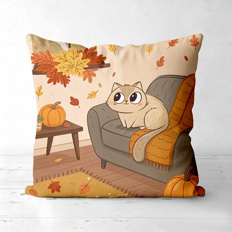 Autumn Cat Pattern Decorative Throw Pillow Cover D Printed Polyester Sofa Cushion Case for Home Living Room Decor
