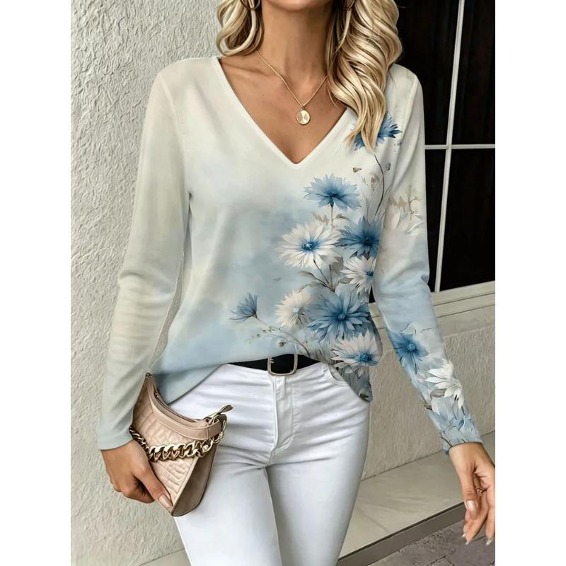 Fashion Women's V-Neck Long Sleeve 3D Casual Color Printing Casual Long Sleeve V-Neck T-Shirt
