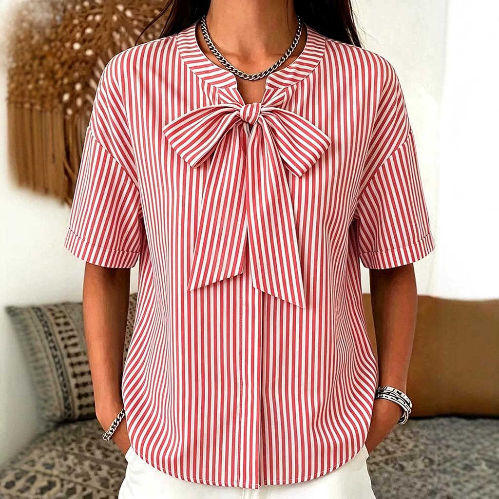 Women Loose Fit Striped Short Sleeve Blouse with Bow Tie Front Casual Relaxed Fit Top for Everyday Wear Office Work