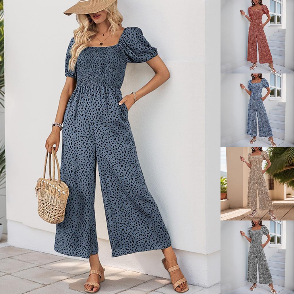 Women's Square Neck Puff Sleeve Wide Leg Printed Jumpsuit