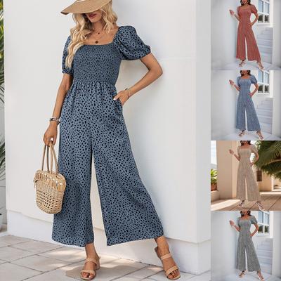 Women's Square Neck Puff Sleeve Wide Leg Printed Jumpsuit