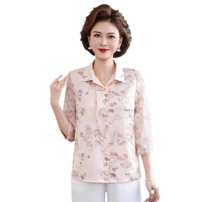 Elegant Summer Seven-Sleeve Printed Shirt for Mature Women, Stylish Lapel Thin Top