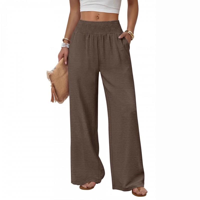 2026 Womens High-Waisted Wide-Leg Trousers Leopard Print Solid Color Casual Pants With Pockets Lightweight Stretchy