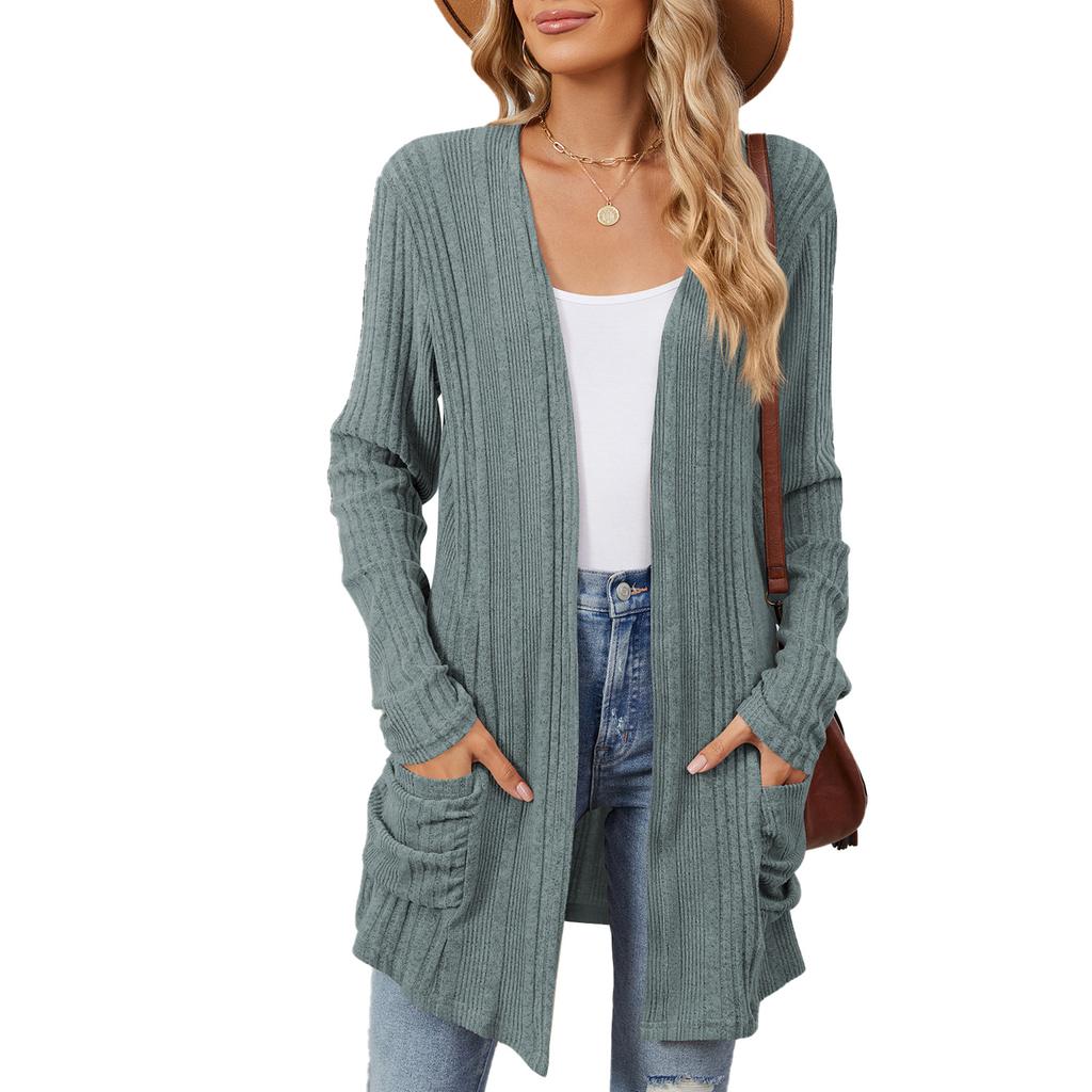 Women's Collarless Long Sleeve Cardigan Loose Fit Casual Style Solid Color Pocket Ribbed Knit Long Outerwear Coat For Autumn Daily Wear