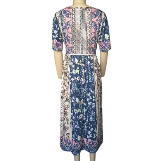 Summer Lady Dress Pleated Ethnic Style Print A-line Loose Hem Side Pockets Round Neck Soft Bohemian Short Sleeves Mid-calf Length Women Daily