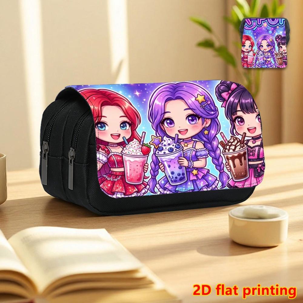 Starry Milk Tea Girl 2D Printed Double-Layer Flip Black Pencil Case - Back-To-School Essential Pencil Box, Daily Multifunctional Makeup Bag, Large Cap