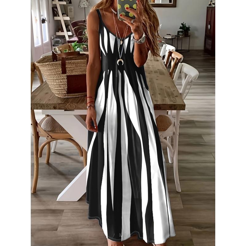 

VEZFAA Женские Модные Летние Весенние Платья с Принтом в Стиле Колорблок, Без Рукавов, с V-образным Вырезом, с Завышенной Талией, Повседневные XXL чёрный