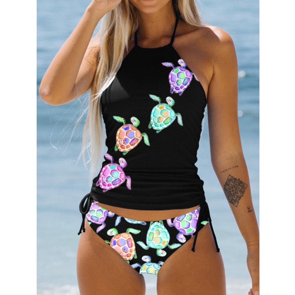 23-Year Coconut Tree Print Halter Neck Tie-Up Tummy Control Plus Size Women's Bikini