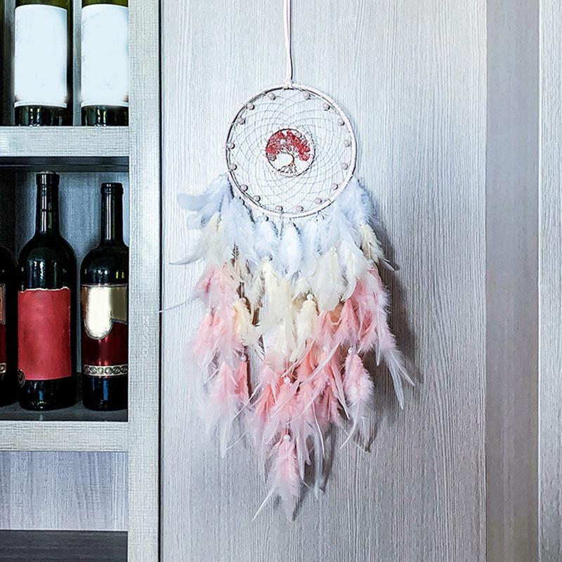 Dream Catcher Hanging Ornament Decor Handmade LED Lights Pink Feather Healing Crystals Dreamcatchers