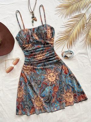 2026 Europe/US Spring/Summer Women's Spaghetti Strap Pleated Beach Dress