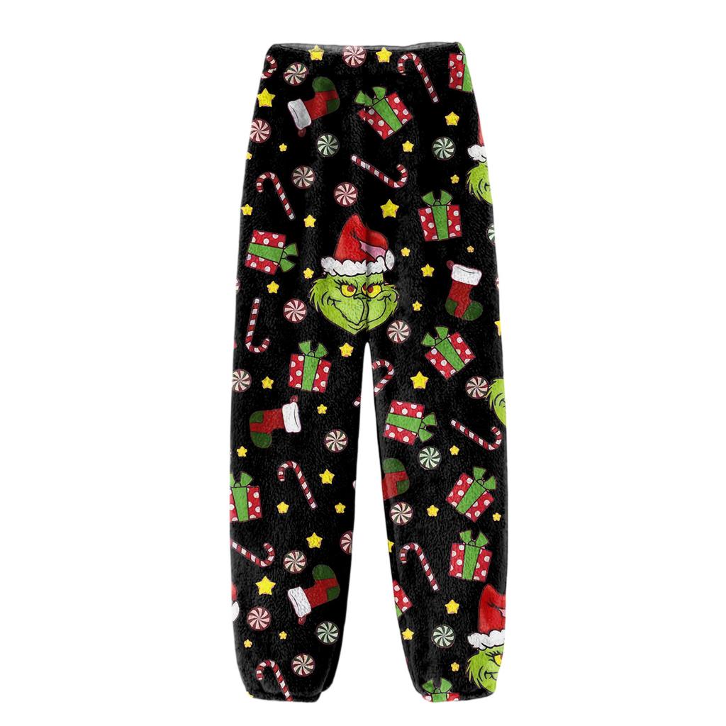 Women's Christmas  Print Trousers With Drawstring Cuffs Casual Pants And Pajamas