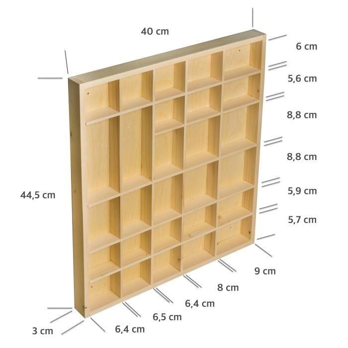 Petite Vitrine Plateau Étagère en Bois Non Peint - 28 Compartiments - 44,5x40x3cm - Rangement des Bijoux et Perles pour Armoire