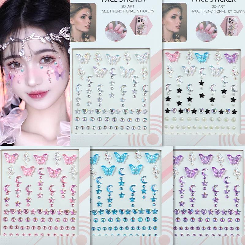 3D Butterfly & Star Face Sticker Set with Rhinestones & Pearls for Kids