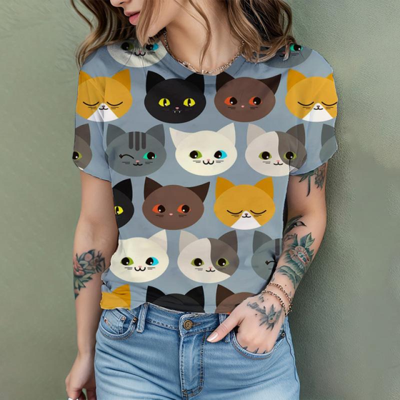 Women's T Shirt Comic Cat 3D Print Harajuku Summer Short Sleeve Top O Neck Casual Women's Oversized T Shirt Coolred Short Sleeve