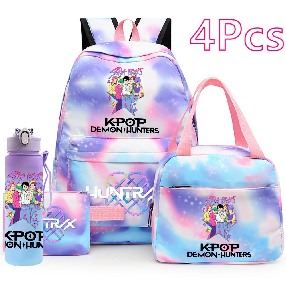 4Pcs/set Demon Hunters Printed Backpack Handbag Pencil Case 750Ml Water Bottler for Teenager Boy Girl Large Capacity Waterproof Schoolbag