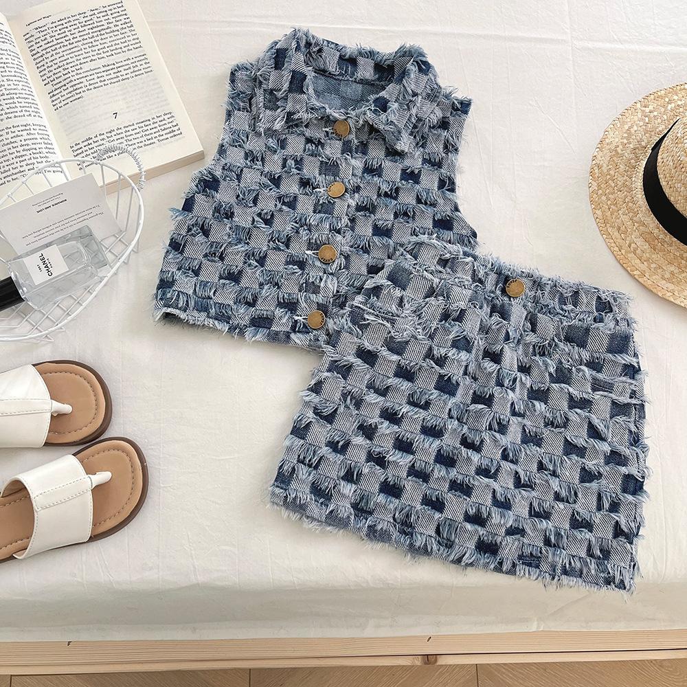 Completo Estivo in Denim per Bambina Nuovo Set Due Pezzi Gilet in Denim a Quadri + Gonna per Neonate