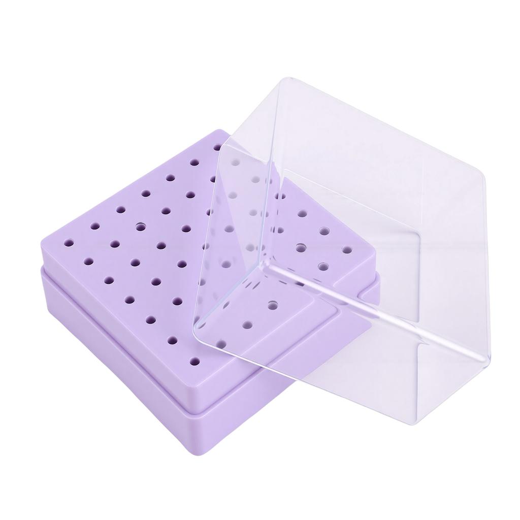49 Holes Nail Drill Bits Holder Nail Polish Head Storage Box with Clear Dust Lid for Salon Home Purple