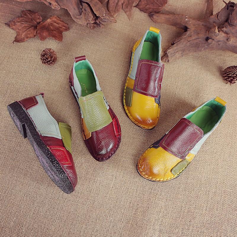 New Top Layer Cowhide Women's Shoes Genuine Leather Casual Color-blocking Women's Single Shoes Middle Mother's Shoes Large Size Shoes