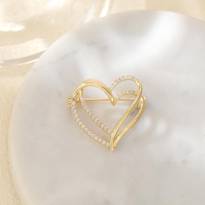 Women's Double-Layer Gold Heart Brooch Pin for Autumn/Winter Suit Jacket
