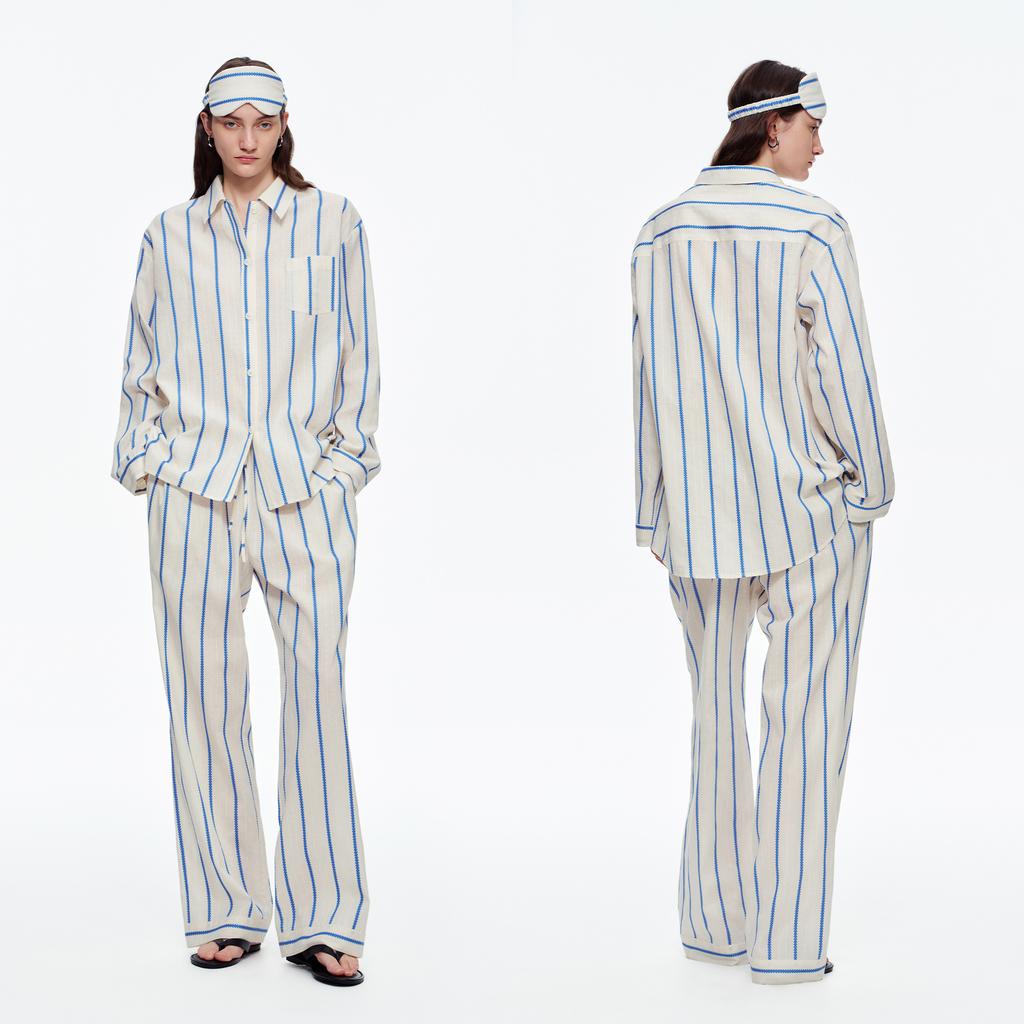Pure cotton pajamas women's contrasting colors 100% cotton long-sleeved shirt set women's light luxury fashion design sense loose loungewear women
