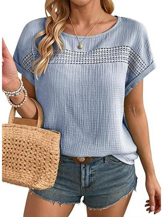 

European & American Women s Round Neck Hollow-Out Short Sleeve T-shirt, Casual Solid Color. XL