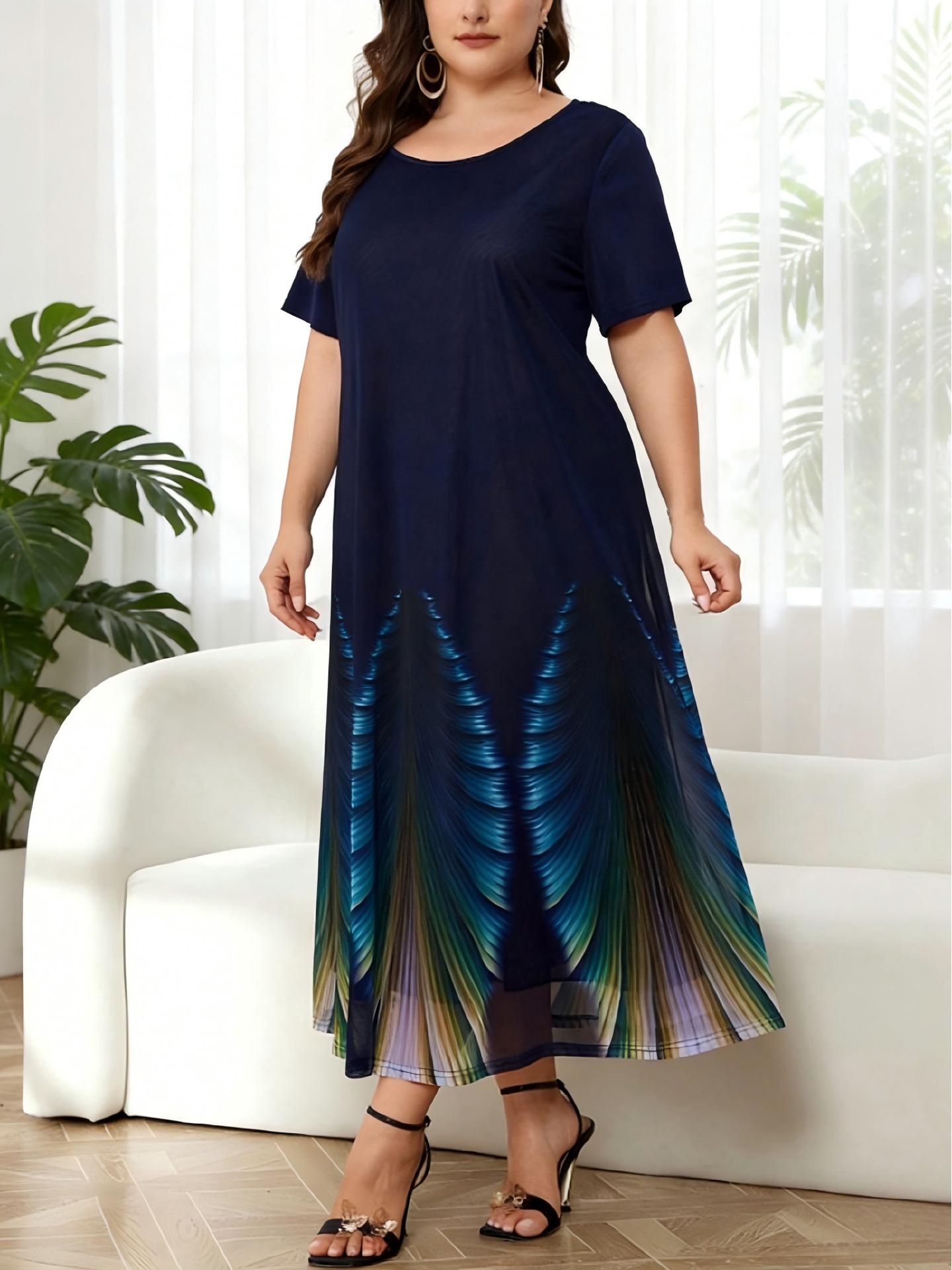 Middle East Plus Size Navy Gradient Short Sleeve Loose Fit Long Dress 2XL тёмно-синий