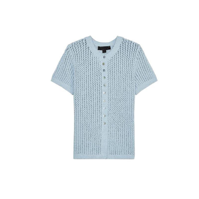 Summer New Product Women's Clothes Sweet Style Single-Breasted Round Neck Short Sleeve Jacquard Mesh Knitting Tops 5802020