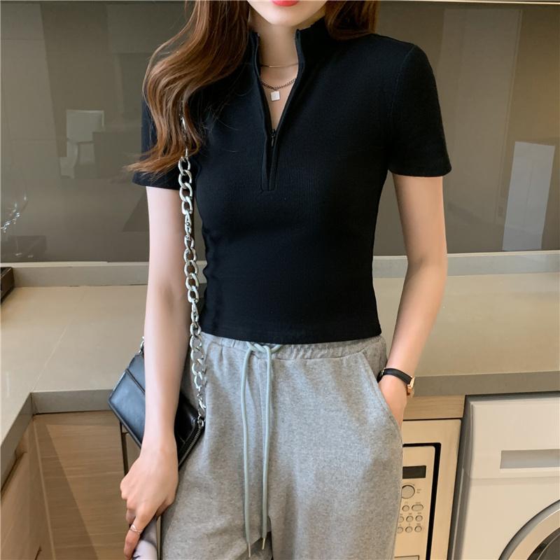 Summer New Slim Fit Cotton Short Sleeve Casual T-shirt Women Fashion Zipper Stand Temperament Simple Woman Tshirts Elegant Office Lady Tees Tops 26570
