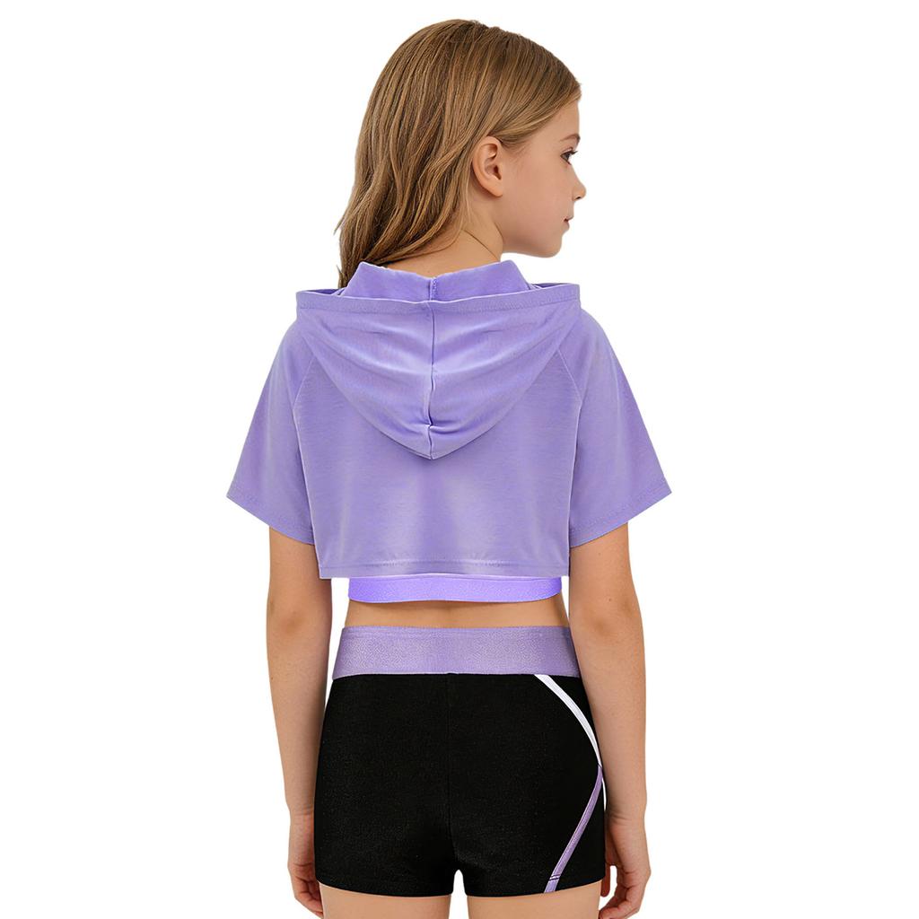 Sport-Set für Mädchen Ärmellose Weste mit Kreuzrücken Kurzärmeliges Kapuzen-Crop-Top V-Ausschnitt Bundshorts