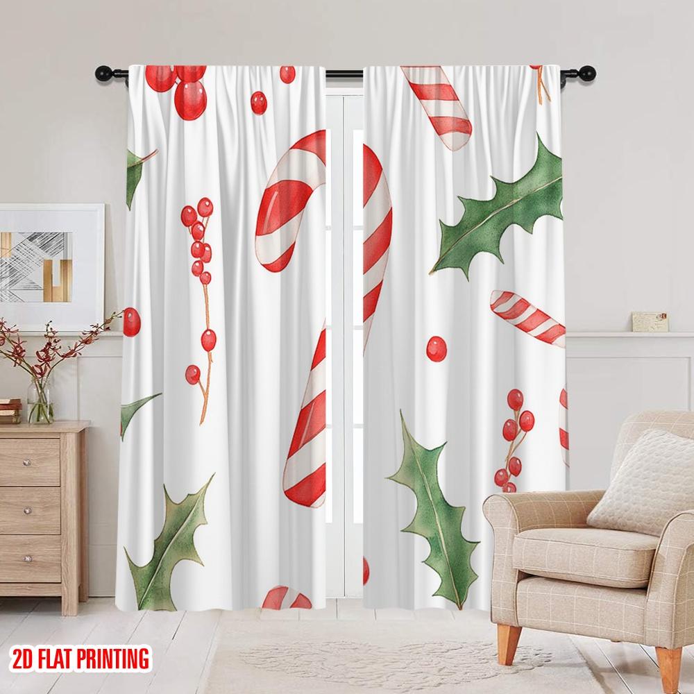 2 Stück, 2D-Flachdruck Fenster Vorhang Süßigkeiten Stechpalmenbeeren Weihnachten (4) Strapazierfähiger 100% Polyesterstoff (ohne Stange) Dekorationen