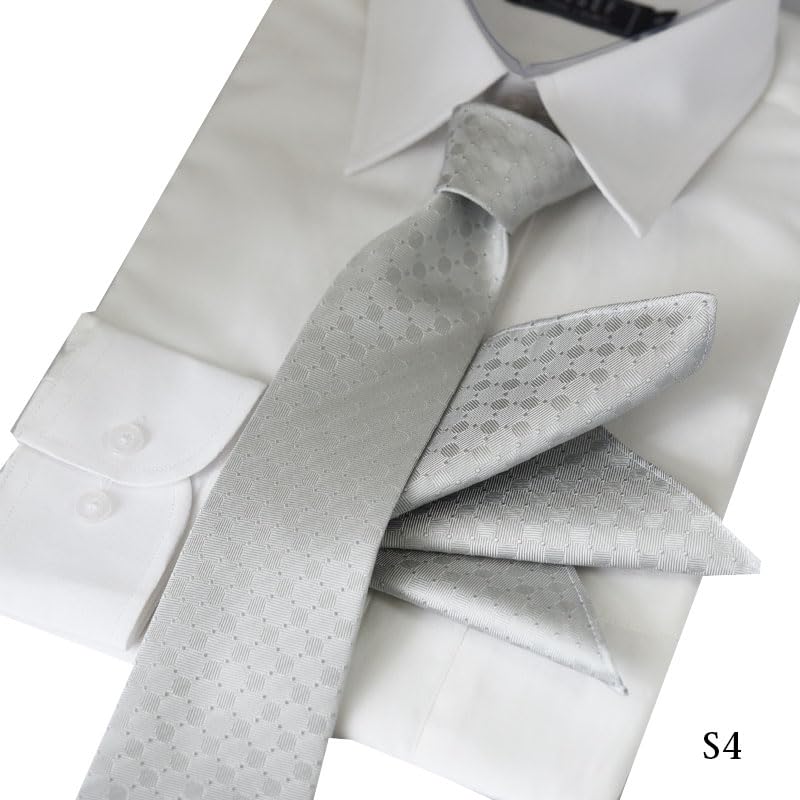 [Michiko London] Tie & Pocket Square Set, Silver Silk Tie, Made in Japan, for Weddings (04, free)