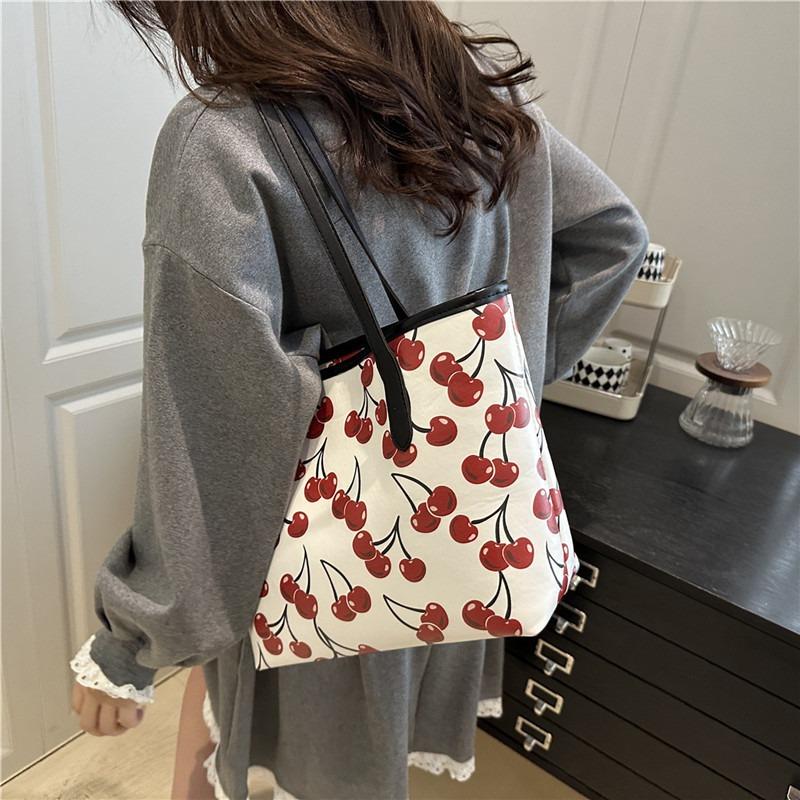 Taschen Damen Herbst Neu Einkaufstaschen Schulter Großes Fassungsvermögen Kirschdruck Stilvoll Schlichte Tragetaschen Handtaschen