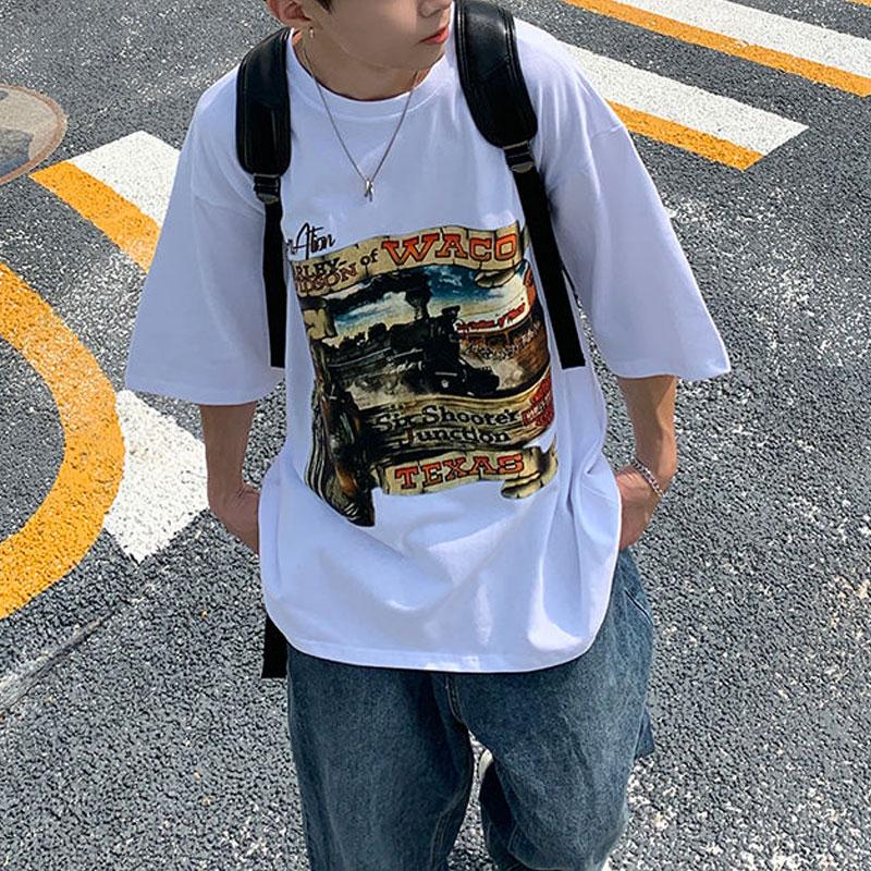 Stylish American Printed Pullovers Men's Clothing Young Style Letter Summer O-Neck Loose Vintage Casual Short Sleeve T-shirts