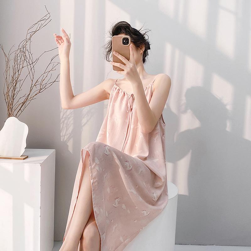 Suspender nightgown women's summer sexy long can wear cotton silk pajamas spring and autumn thin high-end loungewear