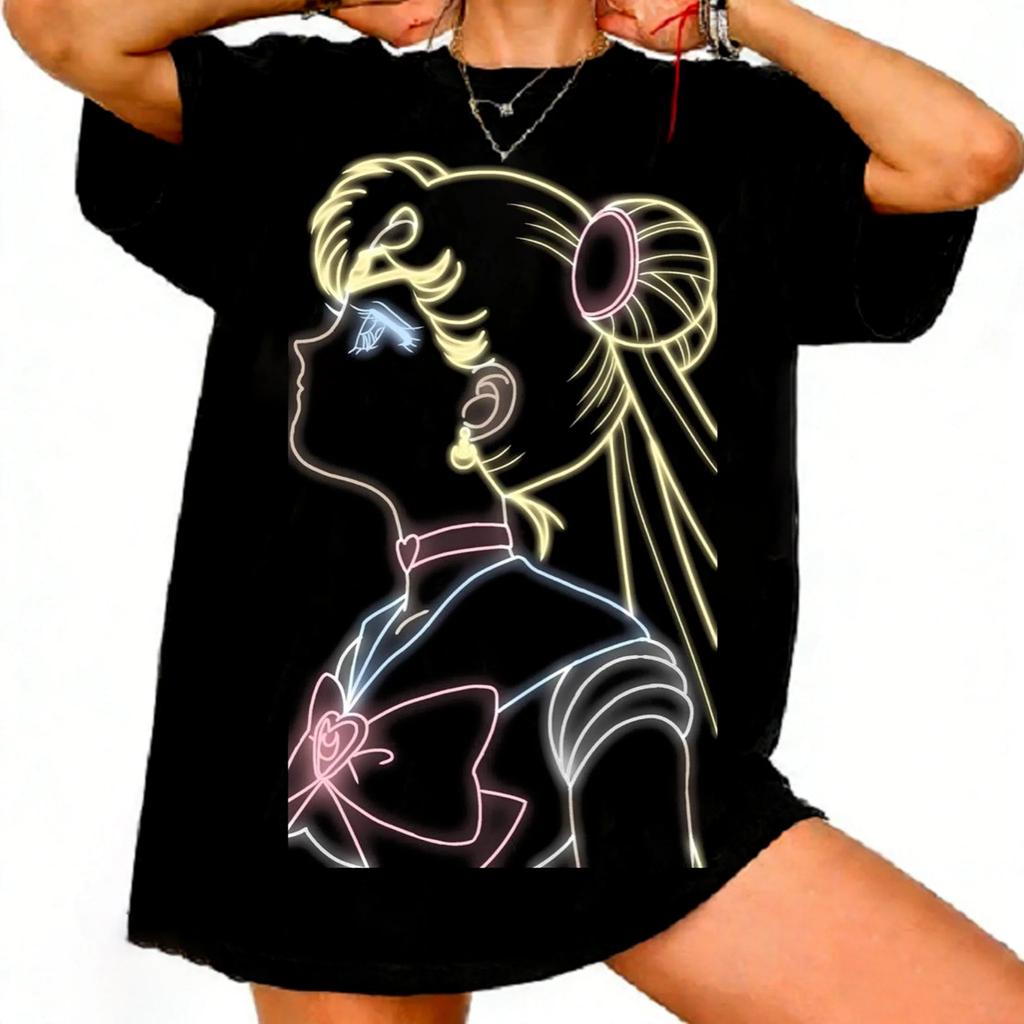 Sailor Moon Retro Lata 90 Anime Graficzny T-shirt Letni Bawełniany Unisex Damska Koszulka Streetwear Casualowy Trend Krótki Rękaw Para Hip Hop Top