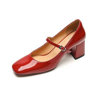 Full Grain Leather Square Toe Chunky Heels Summer Shoes Mary Janes Buckle Straps Women Pumps